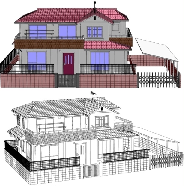 【漫画背景用３D】一軒家の３D・細かくパーツ分け可能【lwo, clip】