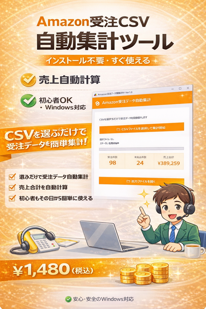 Amazon 受注 CSV 自動集計ツール 売上自動計算・未発送抽出対応