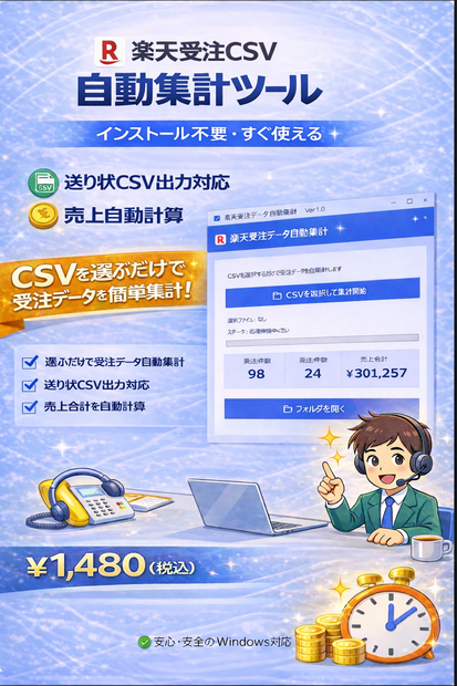 【2モール対応】楽天・Yahoo・Amazon 受注CSV自動集計ツール｜業務効率化｜Windows対応
