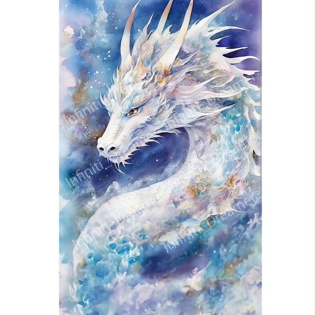 水彩画 パステル 白龍 龍神 龍 のスピリチュアル 開運 イラスト