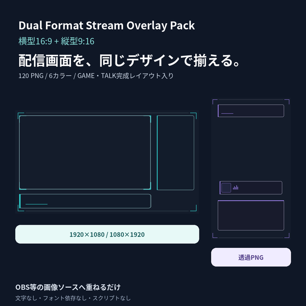 Dual Format Stream Overlay Pack｜横型16:9・縦型9:16 配信フレーム素材120点【透過PNG】