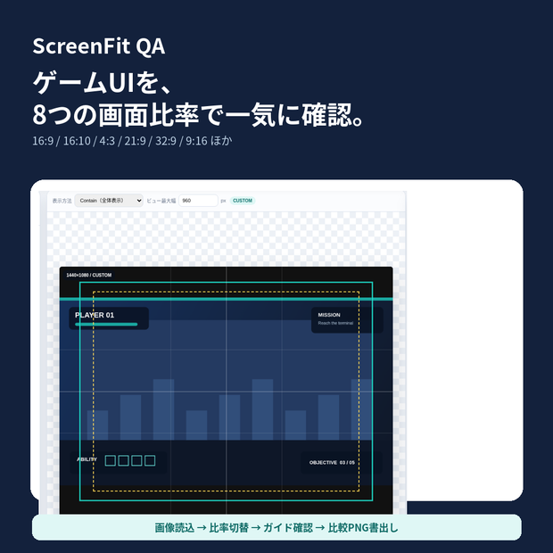 ScreenFit QA｜ゲームUI・アスペクト比確認ツール【16:9/21:9/縦画面・オフラインHTML】