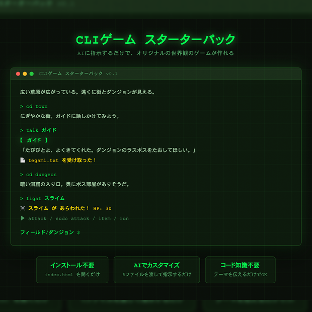 CLIゲーム スターターパック｜AIで世界観を自由にカスタマイズできるブラウザゲームテンプレート