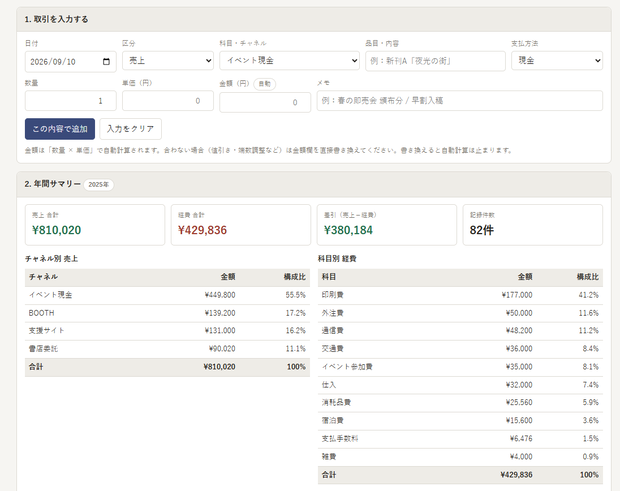 【同人サークル向け】活動収支ノート ─ イベント現金・通販・書店委託の売上を1つにまとめる収支管理ツール（単一HTML／オフライン／記入例41件つき）