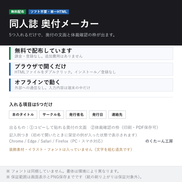 【無料】同人誌 奥付メーカー ─ 5つ入れるだけで奥付の文面ができる（ソフト不要・ブラウザで完結・オフライン）