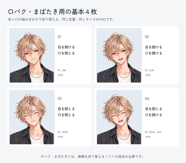 【PNGTuber用・非独占】金髪の男性｜チャコールシャツ・透過PNG8枚＋日本語設定ガイド