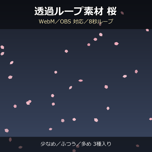 【透過ループ素材】桜エフェクト 3種（少なめ/ふつう/多め）｜WebM・OBS対応・8秒ループ【配信/動画】