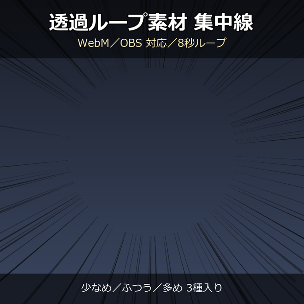 【透過ループ素材】集中線 動画 3種（少なめ/ふつう/多め）｜WebM・OBS対応・8秒ループ【配信/動画】