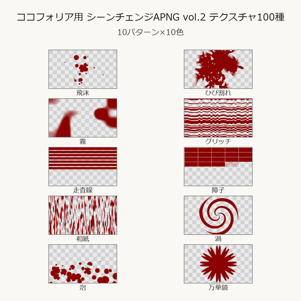 【TRPG素材】ココフォリア用 シーンチェンジAPNG vol.2 テクスチャ100種｜飛沫・ひび割れ・霧・グリッチ【無料サンプル有】