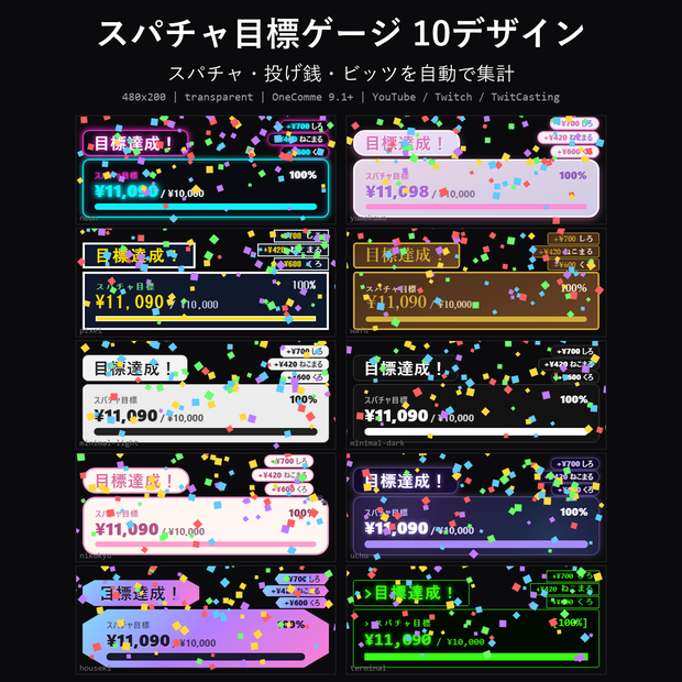 【わんコメテンプレート】スパチャ目標ゲージ 10デザイン｜スパチャ・投げ銭・ビッツを自動で集計、目標達成で演出【OBS/YouTube/Twitch/ツイキャス】