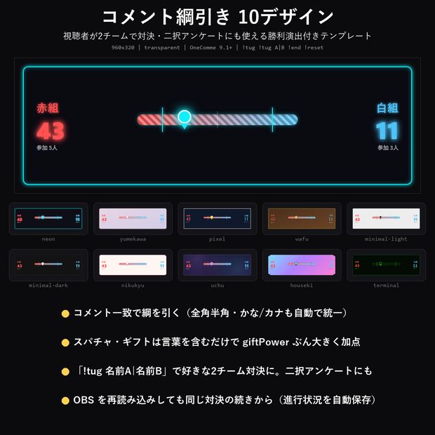 【わんコメテンプレート】コメント綱引き 10デザイン｜視聴者が2チームで対決・二択アンケートにも・勝利演出付き【OBS/視聴者参加】