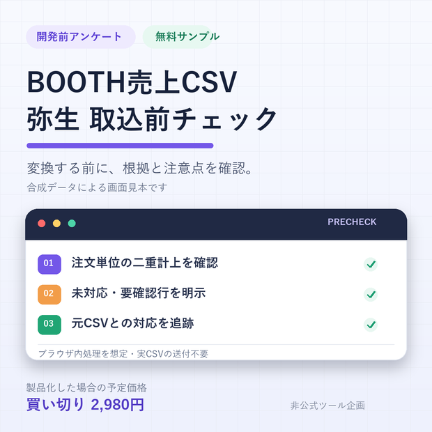 【開発前アンケート／画面見本】BOOTH売上CSVの弥生取込前チェック