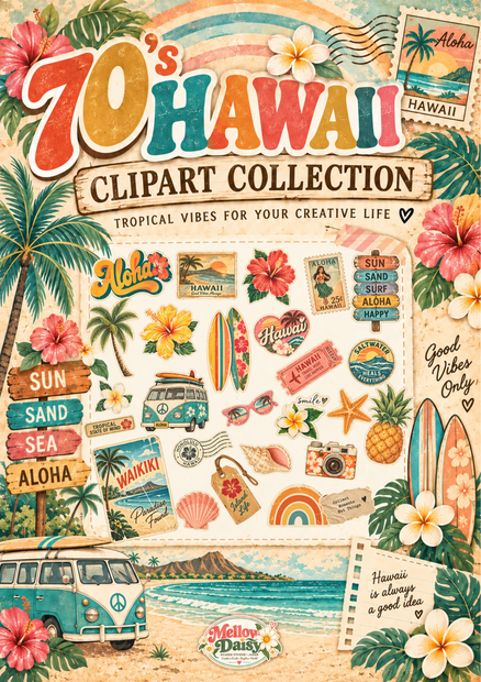 【Canva対応】７０年代ハワイアンシリーズクリップアート70’s HAWAII CLIPART COLLECTION｜背景透過PNG 26点