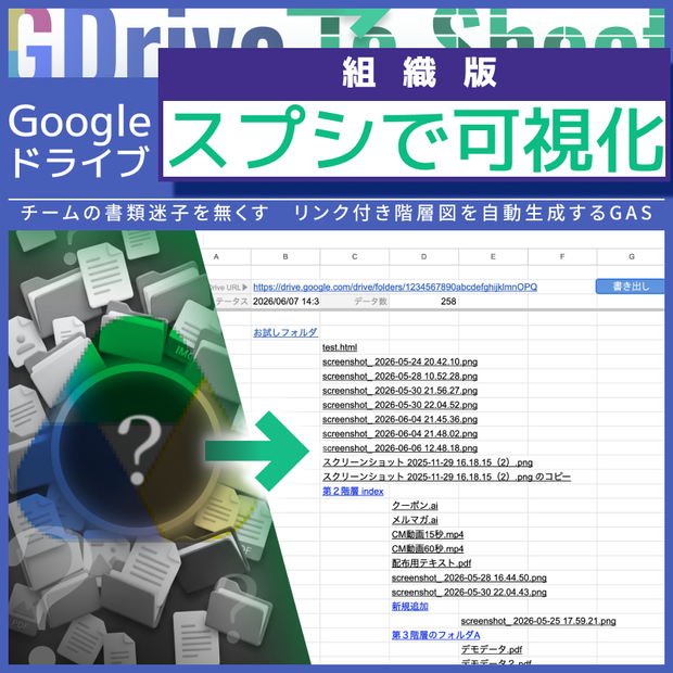 【GDrive To Sheet_組織版】スプシでGoogleドライブ可視化ツール（メンバー間で人数制限なく自由に共有・複製可）