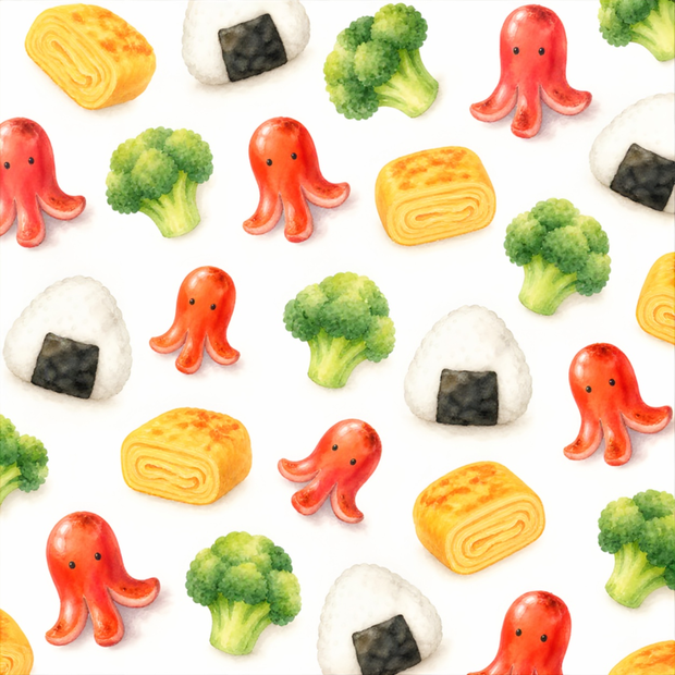 お弁当のおかず 水彩イラスト素材｜おにぎり・タコさんウインナー・卵焼き・ブロッコリ
