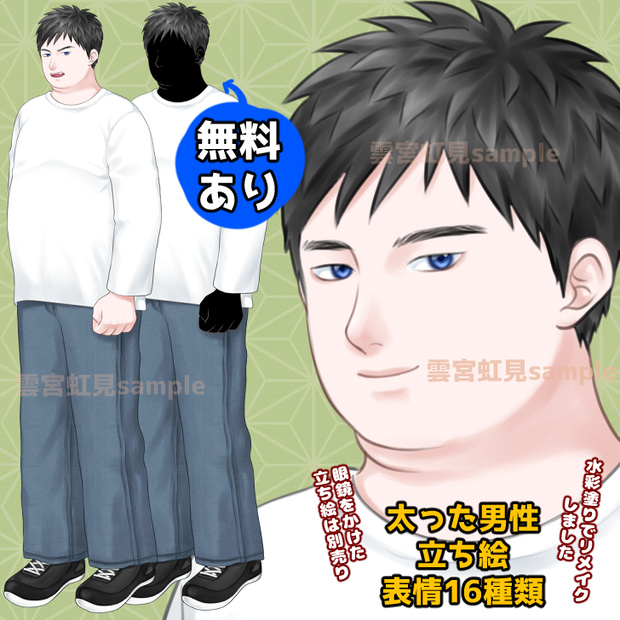 【無料あり】太った男性の全身立ち絵　水彩塗り【表情16種】
