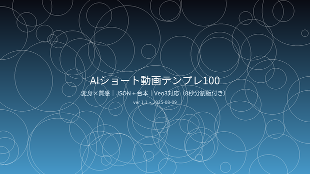 AIショート動画テンプレ100｜変身×質感（30秒・縦型） JSONプロンプト＋カット割り台本セット｜Veo3対応（8秒分割版付き）