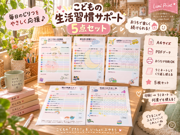 小学生向け生活習慣チェックシート 5点セット｜朝の準備・寝る前・放課後・お手伝い・おこづかい記録｜単品購入可｜A4 PDF