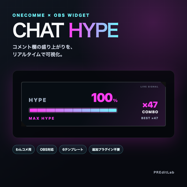 【わんコメ用】CHAT HYPE｜コメントの勢いをHYPEゲージ＆COMBOで表示｜OBS・VTuber配信｜PREditLab