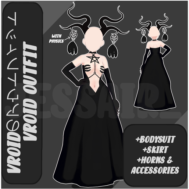 【VRoid デーモネスコスチューム】Dark Witch Dress with Horns and PHYSICS | Texture | Vroid Clothes and Textures | Demon | Dark Aesthetic