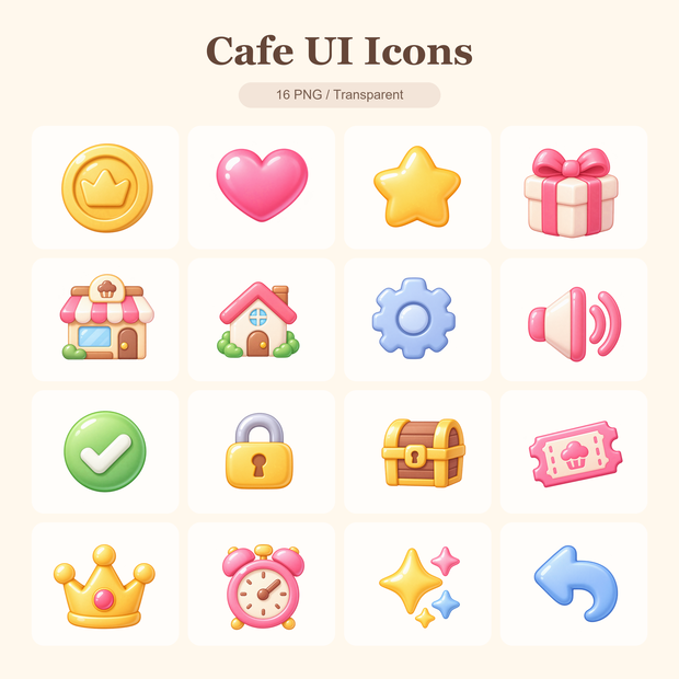 Cafe UI Icons v1｜カフェ・お菓子ゲーム向け かわいいUIアイコン16種セット