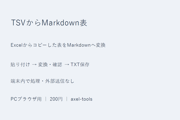 TSVからMarkdown表｜Excelからコピーした表をMarkdownへ変換