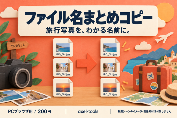 ファイル名まとめコピー｜旅行写真を、わかる名前でひとまとめ。