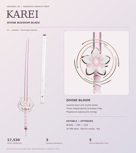 KAREI - Divine Blossom Blade ✦ Animated Fantasy Katana | VRChat / Blender / Unity / FBX