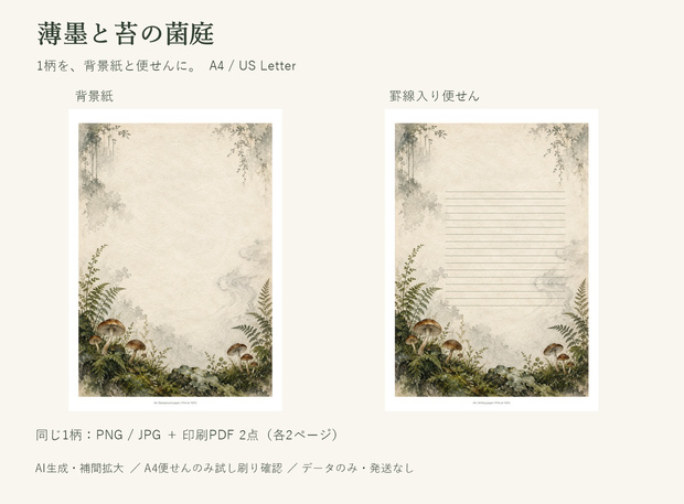 薄墨と苔の菌庭｜便せん・背景紙ミニキット｜1柄・A4/Letter PDF＋PNG/JPG【AI生成】