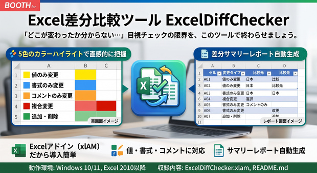  Excel差分比較ツール (ExcelDiffChecker) 「どこが変わったか分からない…」目視チェックの限界を、このツールで終わらせましょう。