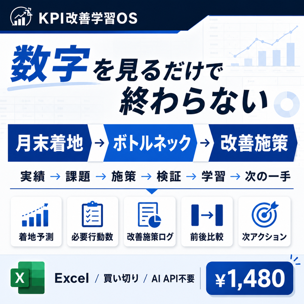KPI改善学習OS｜月末着地予測→ボトルネック→改善施策まで回すExcel【買い切り】