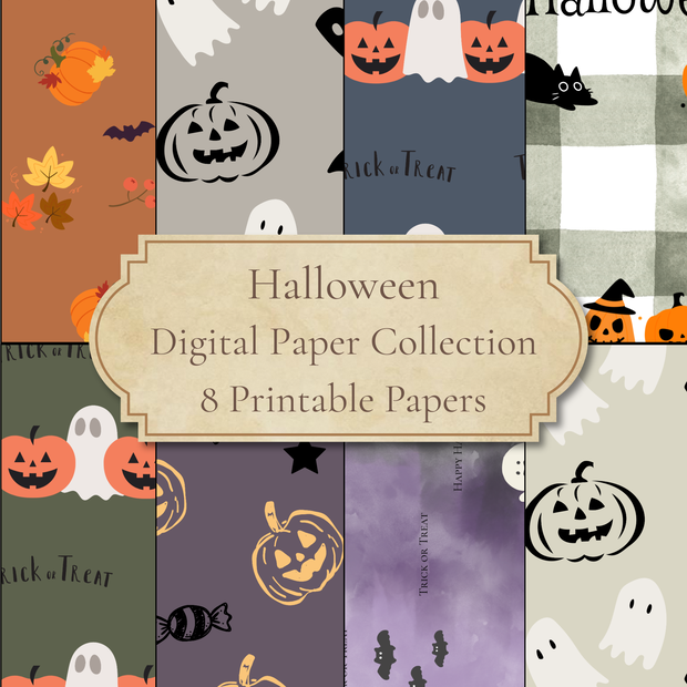 Halloween デジタルペーパー｜かぼちゃ・おばけ・黒猫など｜A4 8種類｜デジタルダウンロード