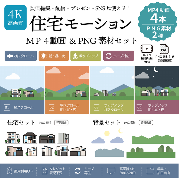 【4K】住宅モーション素材｜MP4動画4本＋PNG素材｜横スクロール・ポップアップ・朝昼夜｜動画編集・配信・SNS・商用利用OK
