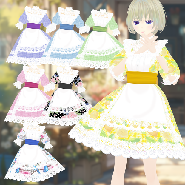 【Vroid衣装】フリルエプロンドレス　ワンピース（全7色/カラーチェンジ可能データのおまけ）