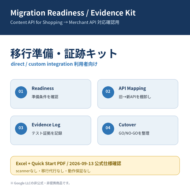 開発者向け】移行準備・証跡キット｜Content API for Shopping→Merchant API 対応確認Excel