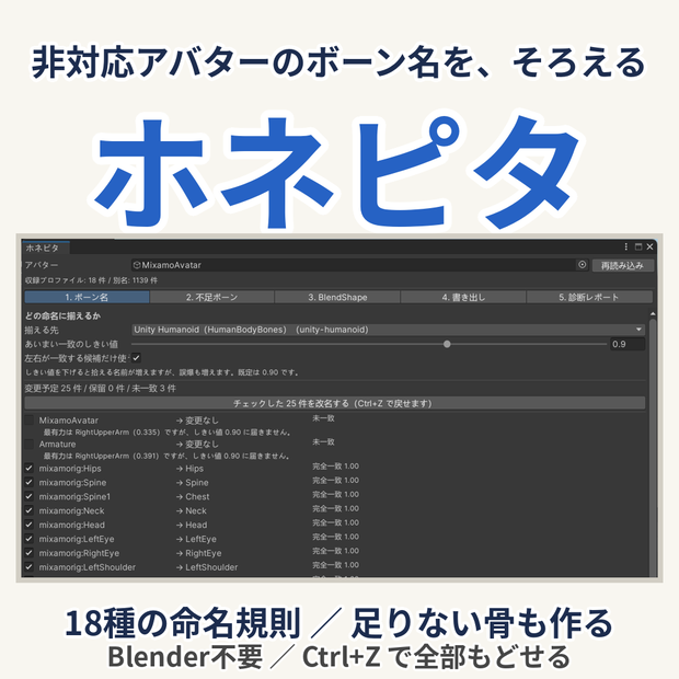 【Blender不要】ホネピタ - 非対応アバターのボーン名をそろえる＆足りないボーンを作る -