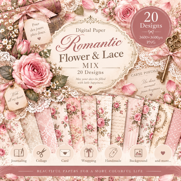 大人かわいい Romantic Flower & Lace デジタルペーパー20枚セット｜ローズ・レース・アンティーク｜3600×3600px PNG素材