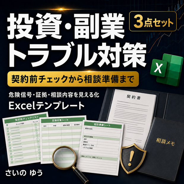 投資・副業トラブル対策3点セット｜契約前チェックから相談準備まで｜Excel版