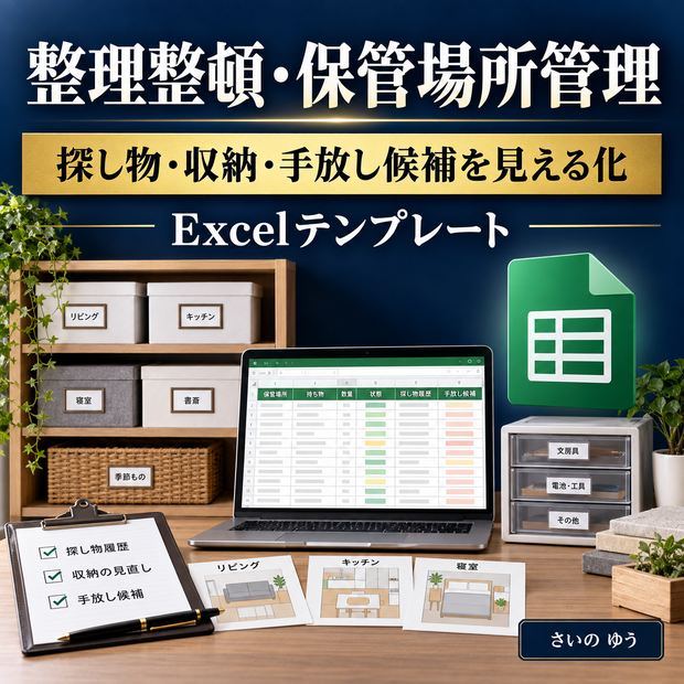 整理整頓・保管場所管理シート｜探し物・収納・手放し候補を見える化｜Excel版