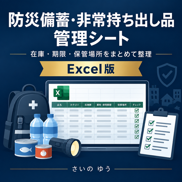 防災備蓄・非常持ち出し品管理シート｜在庫・期限・保管場所をまとめて整理｜Excel版