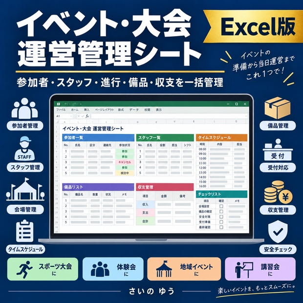 イベント・大会運営管理シート｜参加者・スタッフ・進行・備品・収支を一括管理｜Excel版