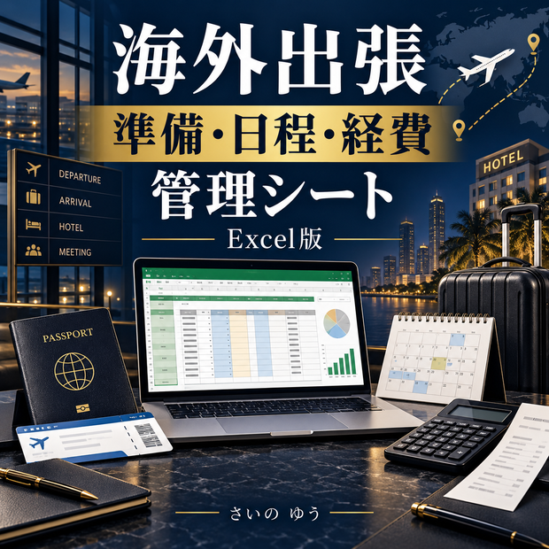 海外出張準備・日程・経費管理シート｜渡航前チェック・予約・外貨精算を一括管理｜Excel版
