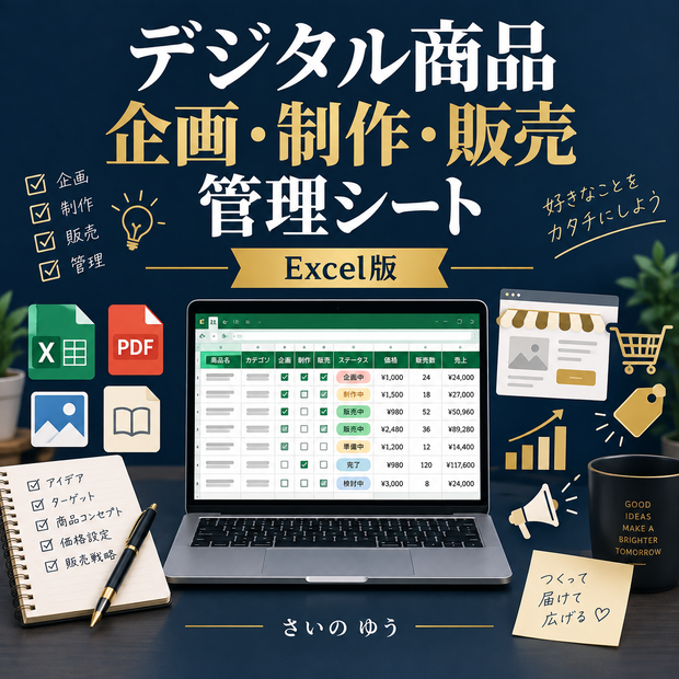 デジタル商品企画・制作・販売管理シート｜アイデア・進捗・売上・販促を一括管理｜Excel版