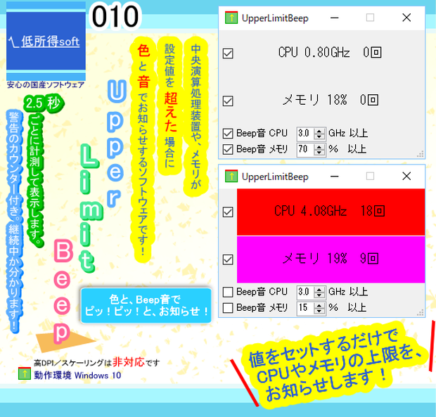 CPUやメモリが設定値を超えた場合に警告するソフトウェア
