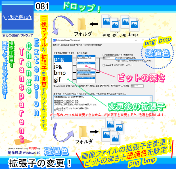 拡張子変更＋ビットの深さ＋透過色を設定するソフト