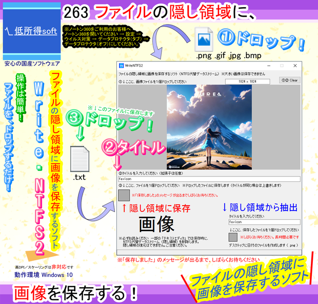 ファイルの隠し領域に画像を保存するソフト