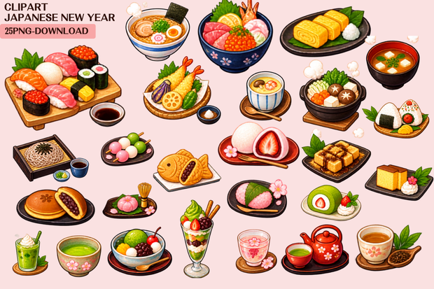【PNG】日本の食べ物クリップアート25個セット 背景透過｜25 Japanese Food Clipart PNGs｜Colorful, Cute & Pop｜Transparent Background
