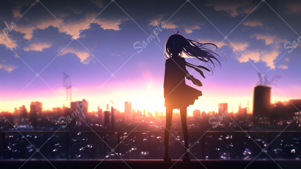 サムネイルに使えそうなイラスト背景素材1 夕日と女の子