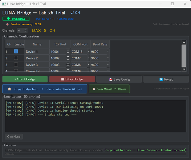 LUNA Bridge — Lab x5  Trial Edition  v2.0.4 RS-232C / USB-Serial to TCP Bridge for Electronics & Lab Use