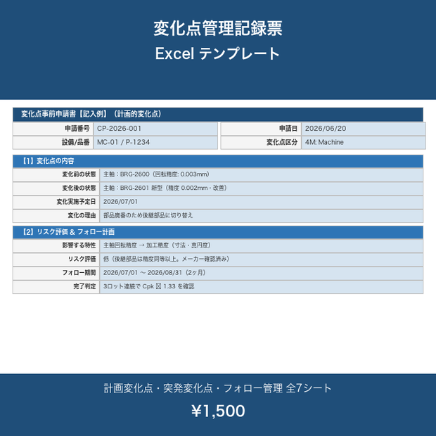 変化点管理記録票 Excel テンプレート【4M変化点・計画/突発・フォロー管理】IATF16949対応